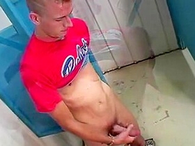 Dude With A Red T-shirt Cums All Over His Own Hand